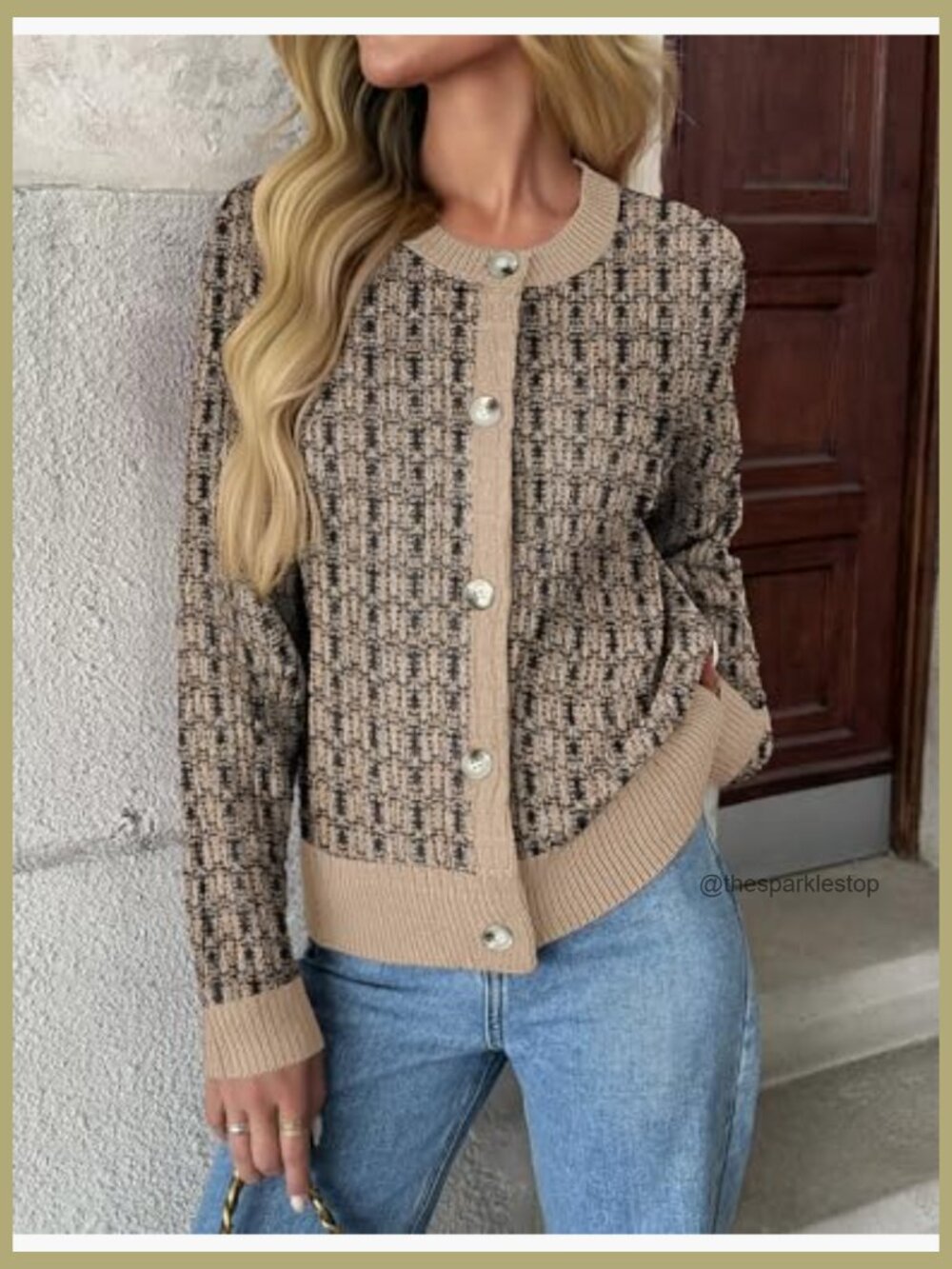 Button Down Crew Neck Open Front Long Sleeve Knit Cropped Cardigan Jacket - Picture 2 of 7